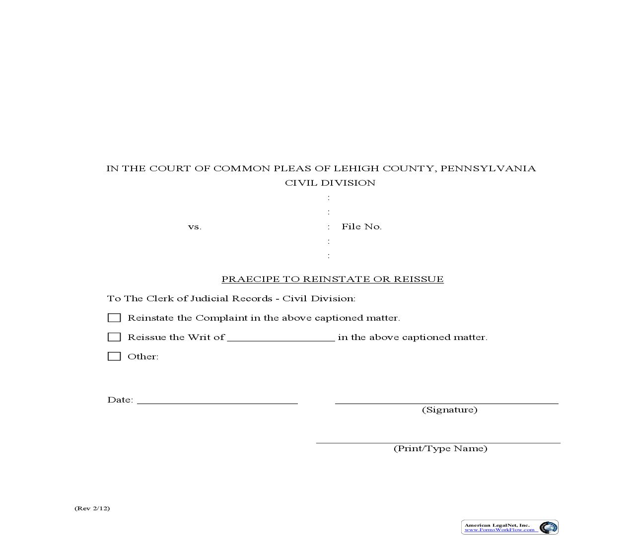 Praecipe To Reinstate Or Reissue | Pdf Fpdf Doc Docx | Pennsylvania