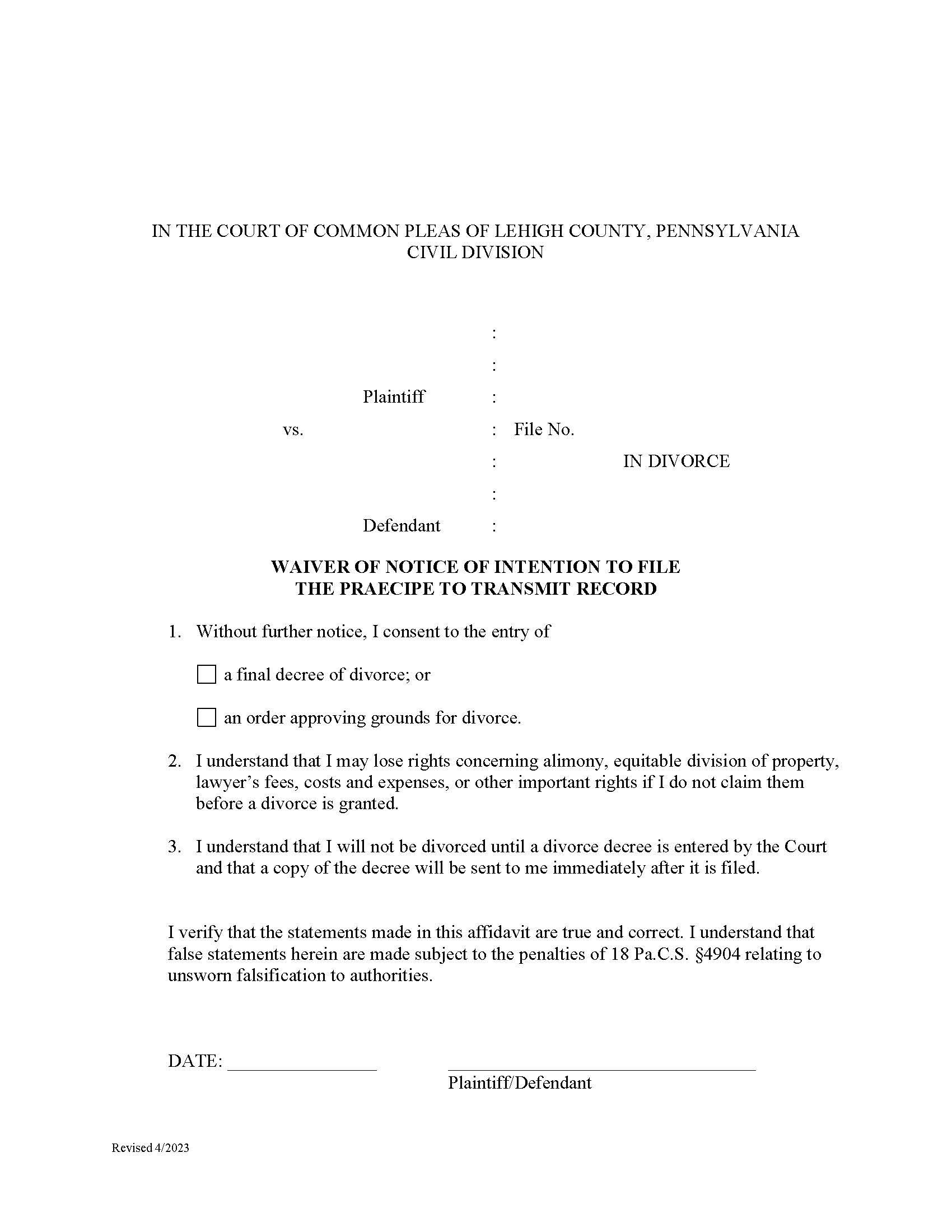 Waiver Of Notice Of Intention To File The Praecipe To Transmit Record | Pdf Fpdf Docx | Pennsylvania