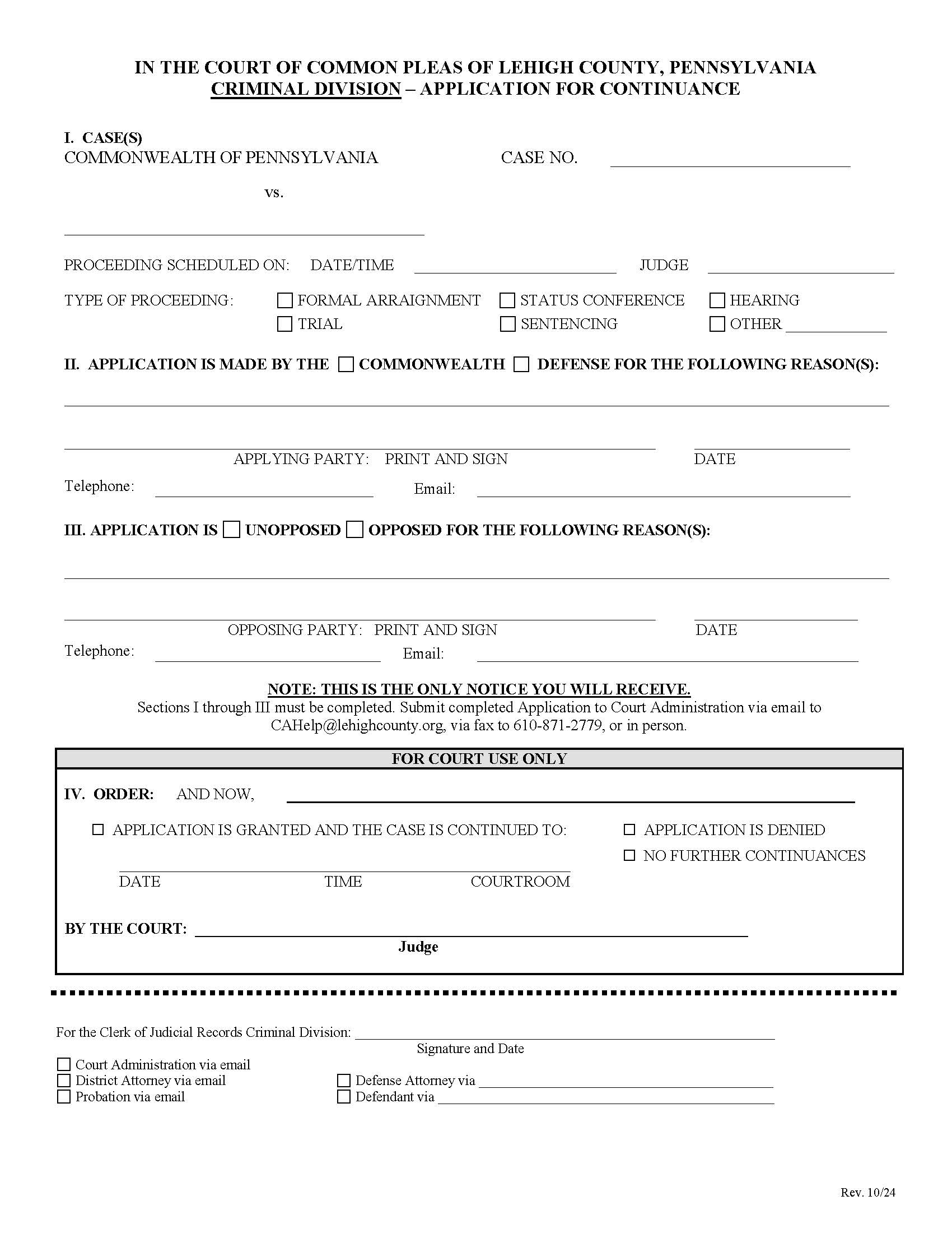 Application For Continuance (Criminal) {Lccpa24} | Pdf Fpdf Doc Docx | Pennsylvania