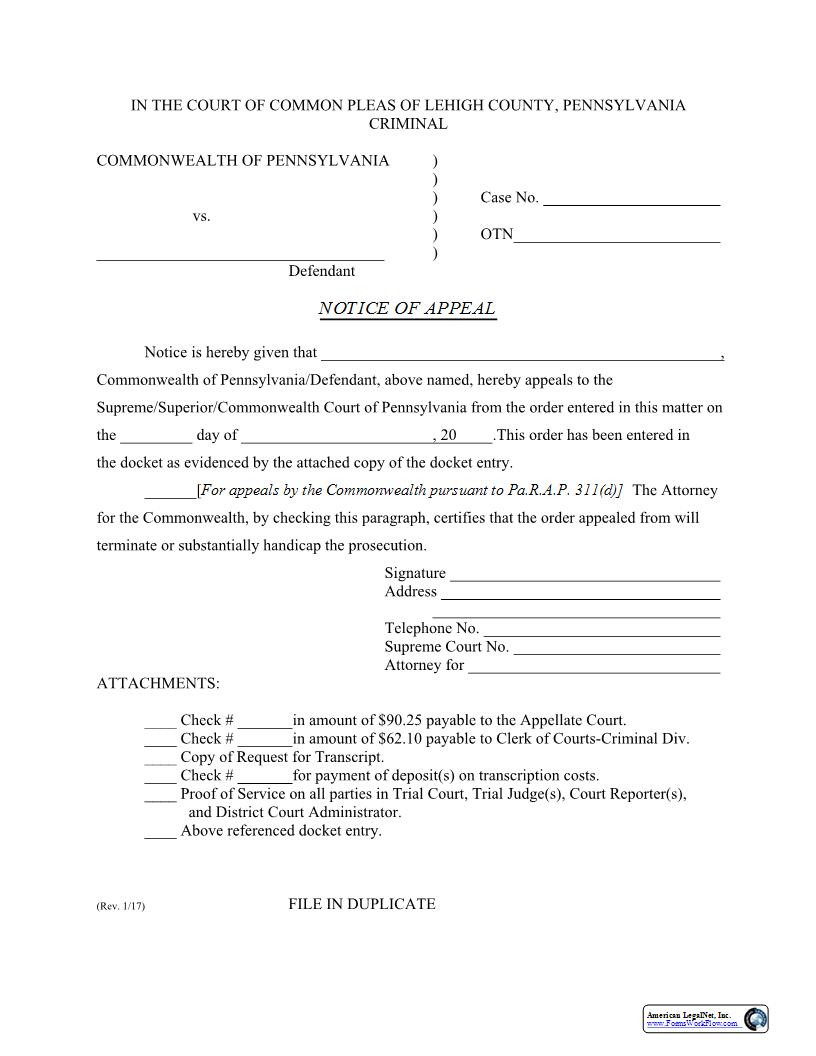 Notice Of Appeal (Criminal) | Pdf Fpdf Docx | Pennsylvania