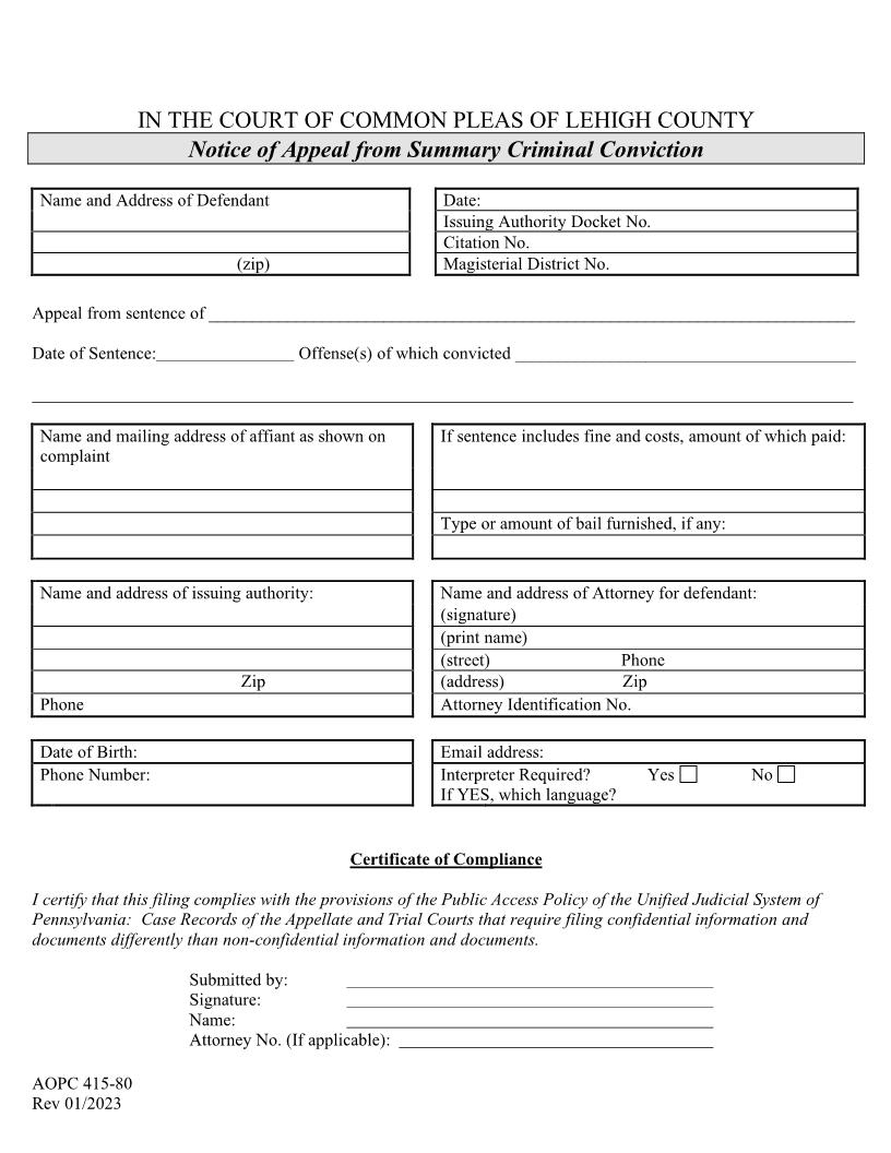 Notice Of Appeal From Summary Criminal Conviction | Pdf Fpdf Docx | Pennsylvania
