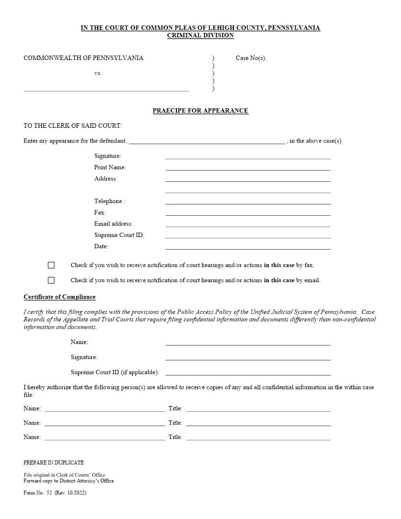 Praecipe For Appearance | Pdf Fpdf Docx | Pennsylvania