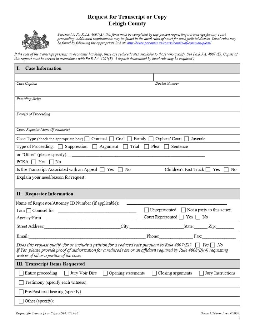 Request For Transcript | Pdf Fpdf Doc Docx | Pennsylvania