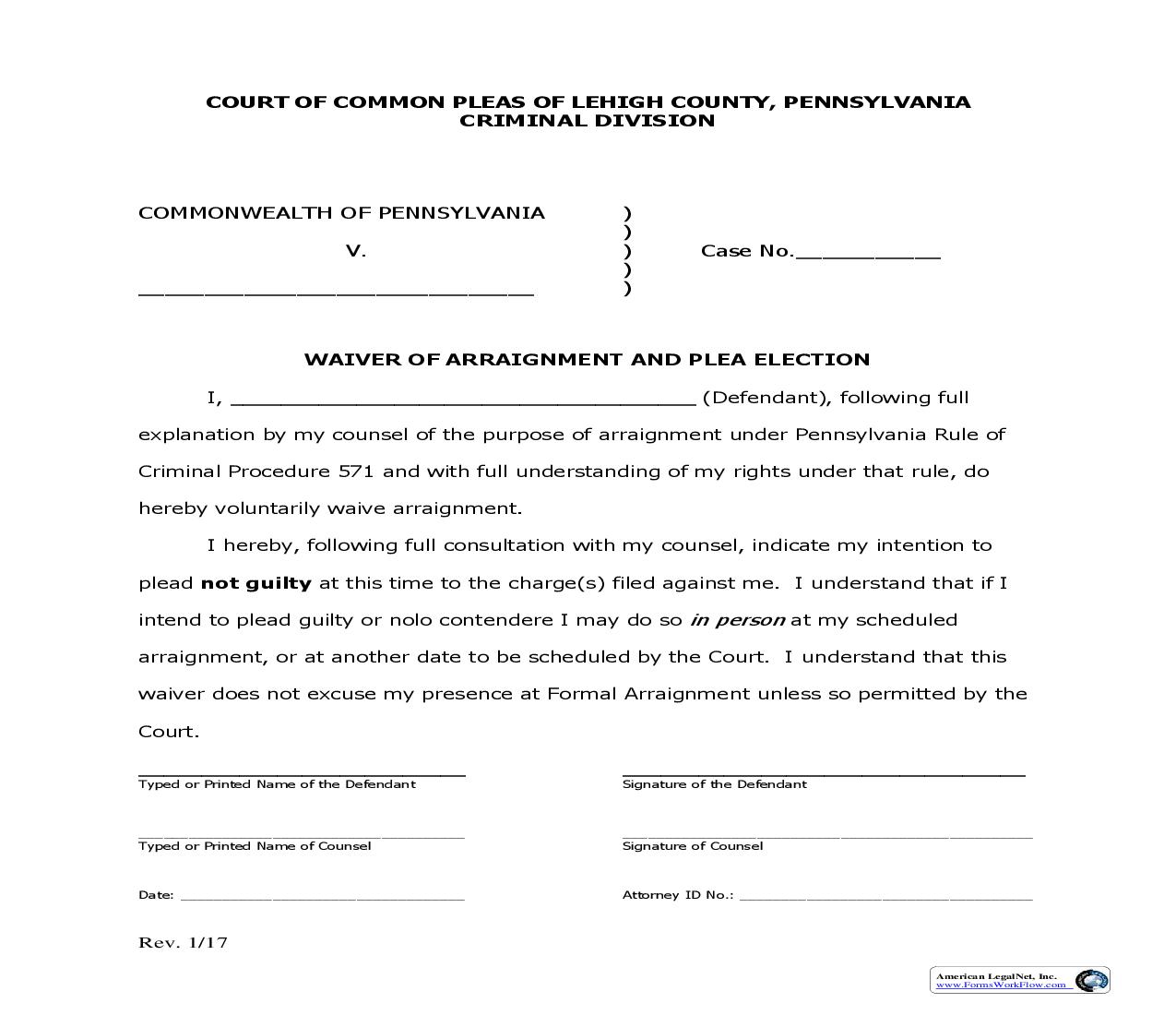 Waiver Of Arraignment And Plea Election | Pdf Fpdf Doc Docx | Pennsylvania