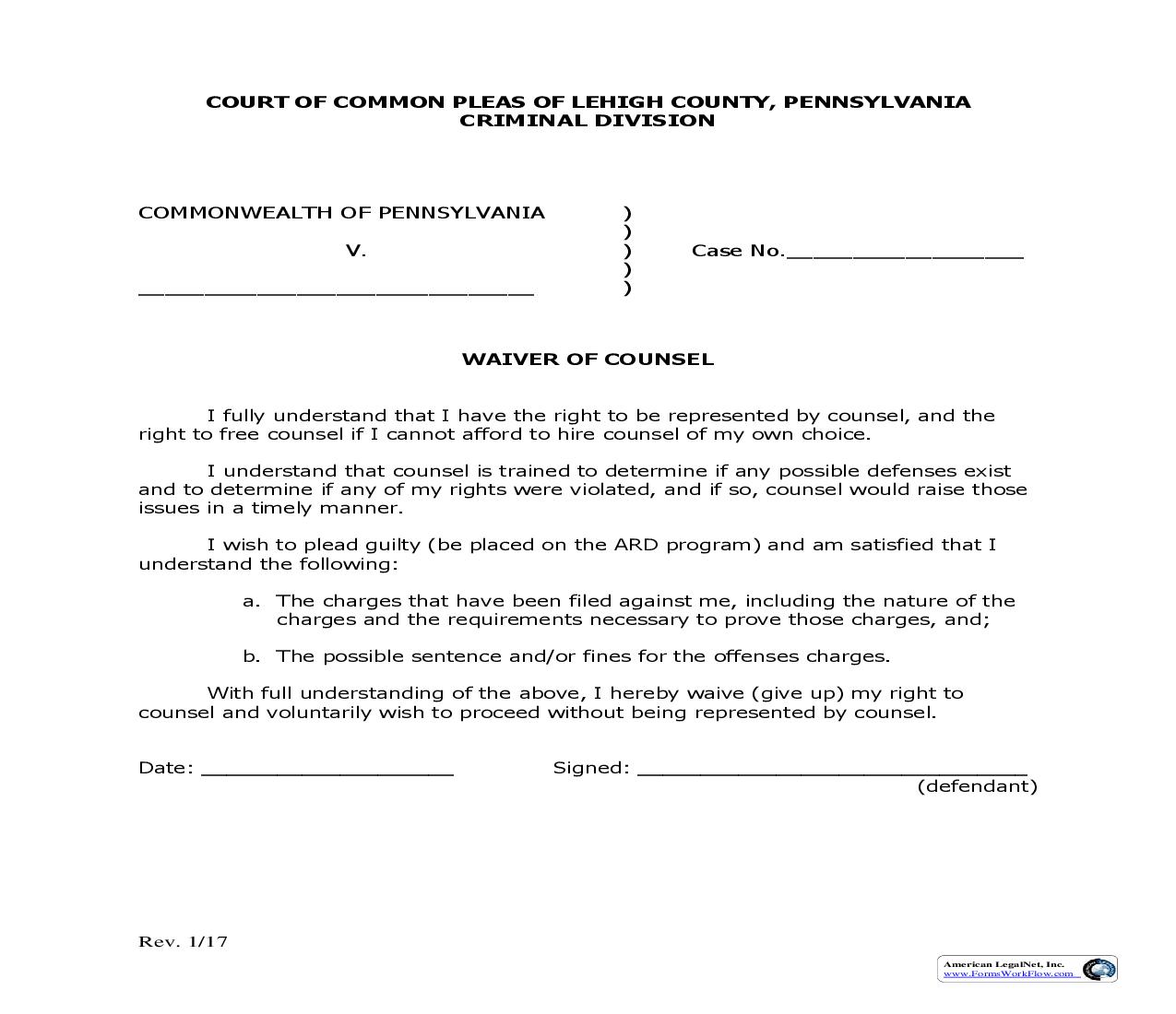Waiver Of Counsel | Pdf Fpdf Doc Docx | Pennsylvania