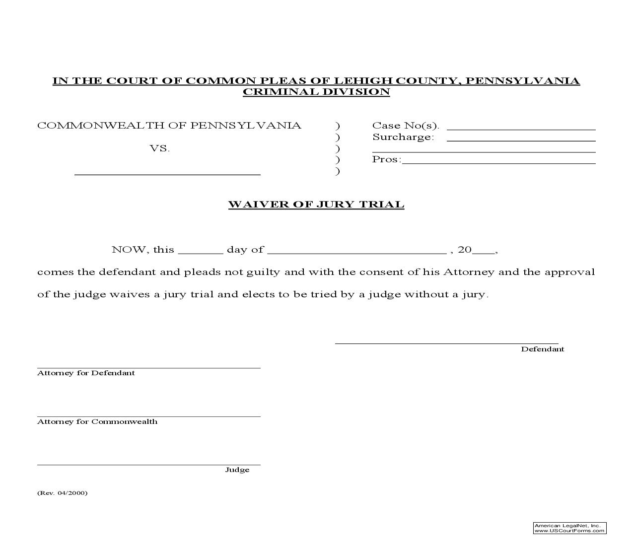 Waiver Of Jury Trial | Pdf Fpdf Doc Docx | Pennsylvania