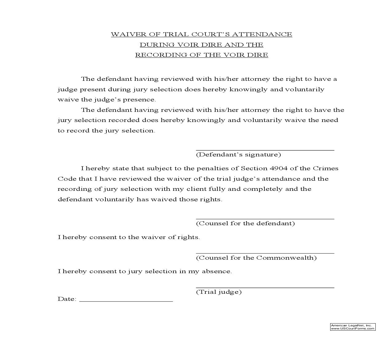 Waiver Of Trial Courts Attendance | Pdf Fpdf Doc Docx | Pennsylvania