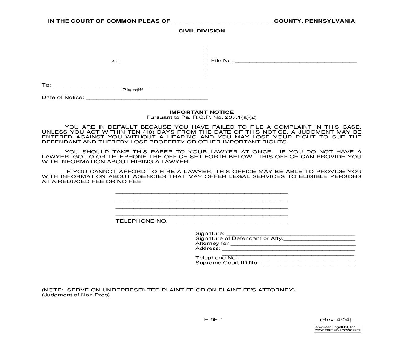 Important Notice (Ten Days) {E-9F-1} | Pdf Fpdf Doc Docx | Pennsylvania