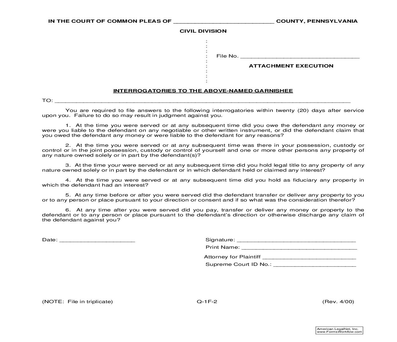Interrogatories To Above-Named Garnishee (Attachment Execution) {Q-1F-2} | Pdf Fpdf Doc Docx | Pennsylvania