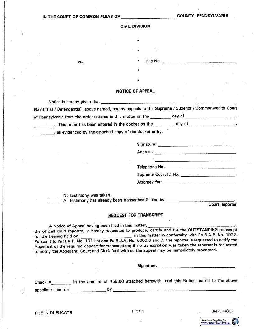 Notice Of Appeal {L-1F-1} | Pdf Fpdf Docx | Pennsylvania