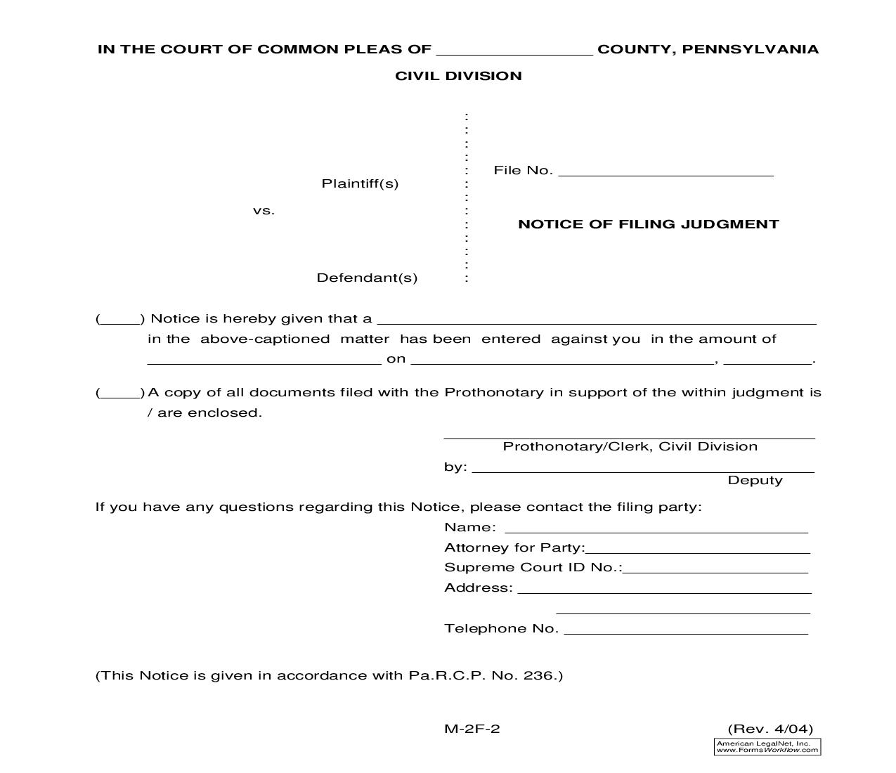 Notice Of Filing Judgment {M-2F-2} | Pdf Fpdf Doc Docx | Pennsylvania