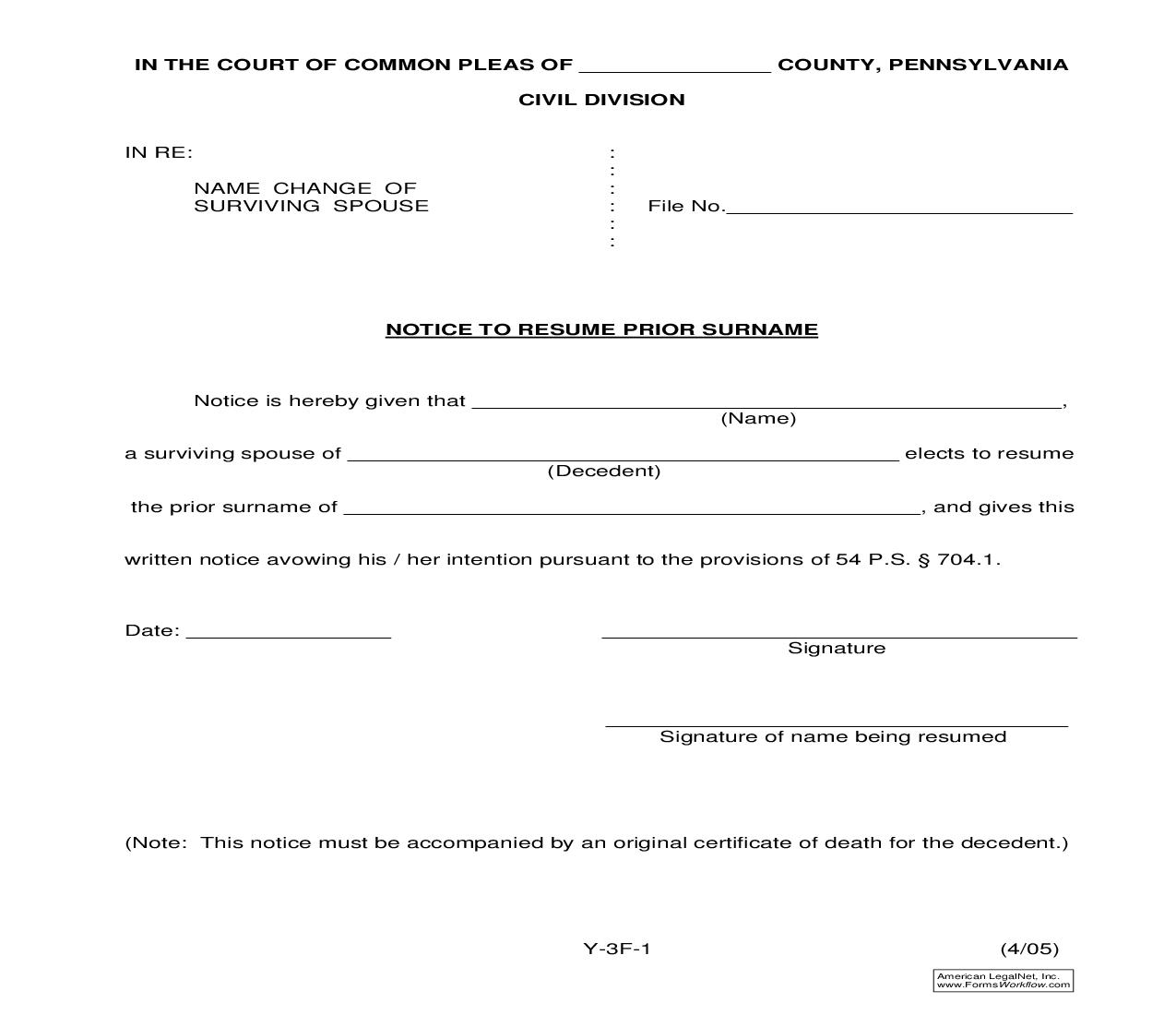 Notice To Resume Prior Surname (Death) {Y-3F-1} | Pdf Fpdf Doc Docx | Pennsylvania