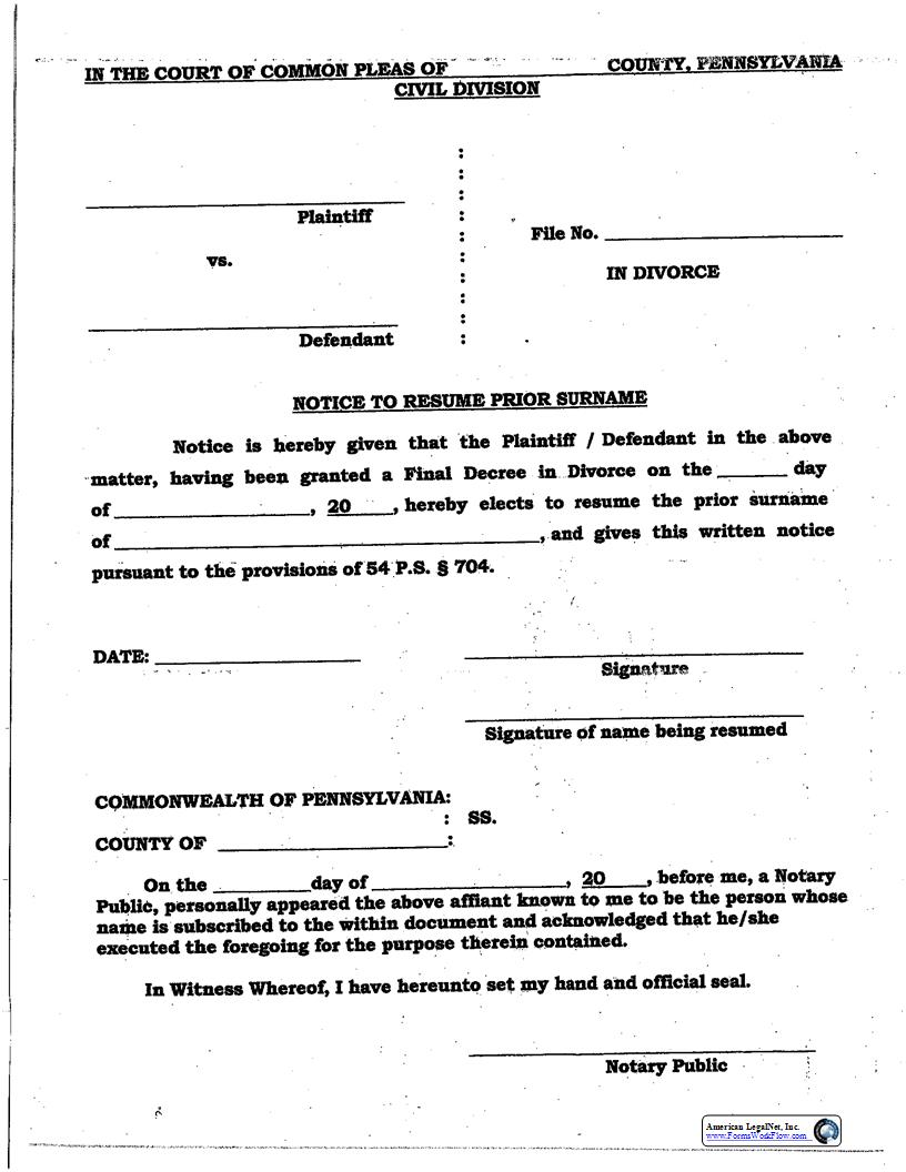 Notice To Resume Prior Surname (Divorce) {T-1F-2} | Pdf Fpdf Docx | Pennsylvania