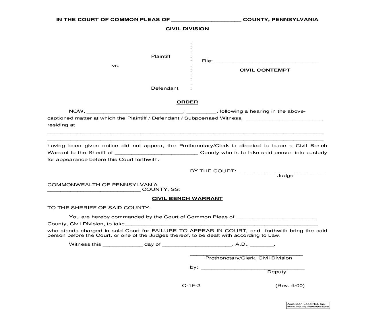 Order (Civil Contempt) {C-1F-2} | Pdf Fpdf Doc Docx | Pennsylvania