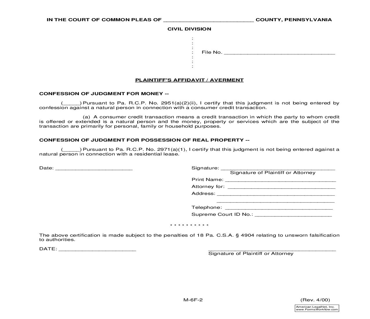 Plaintiffs Affidavit-Averment {M-6F-2} | Pdf Fpdf Doc Docx | Pennsylvania