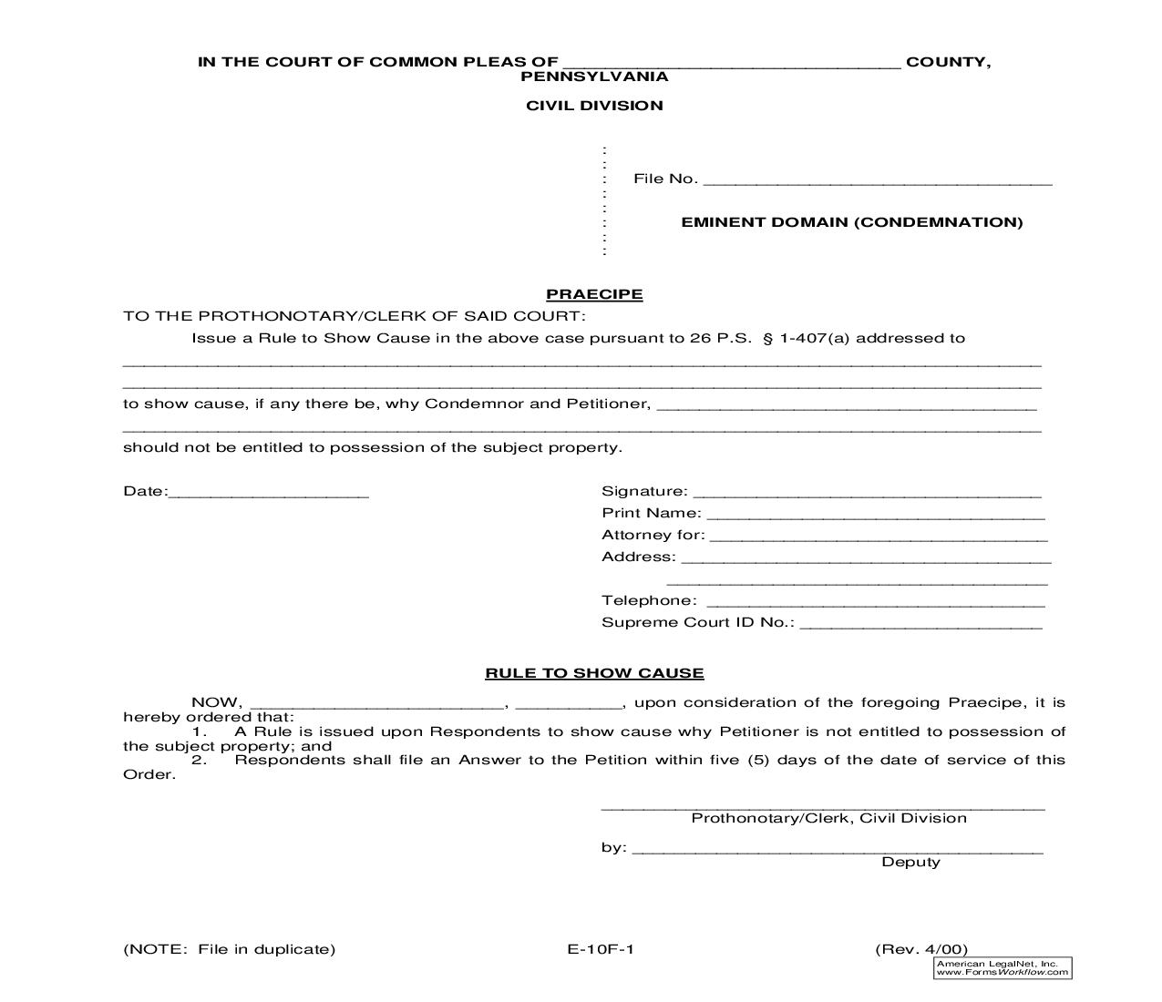 Praecipe (Eminent Domain-Condemnation) {E-10F-1} | Pdf Fpdf Doc Docx | Pennsylvania