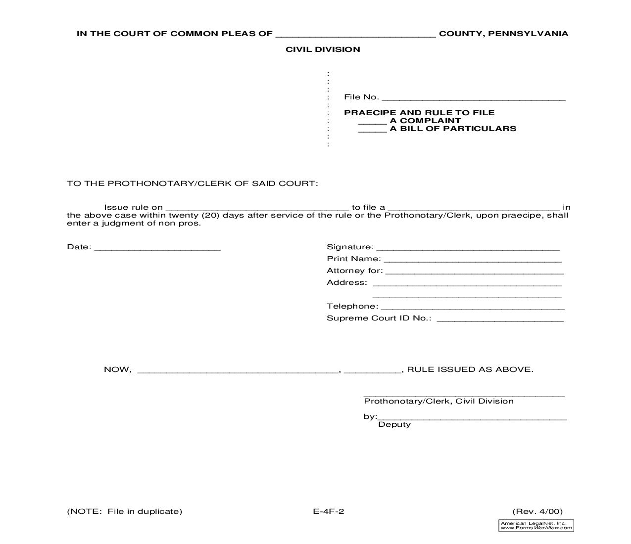 Praecipe And Rule To File Complaint {E-4F-2} | Pdf Fpdf Doc Docx | Pennsylvania