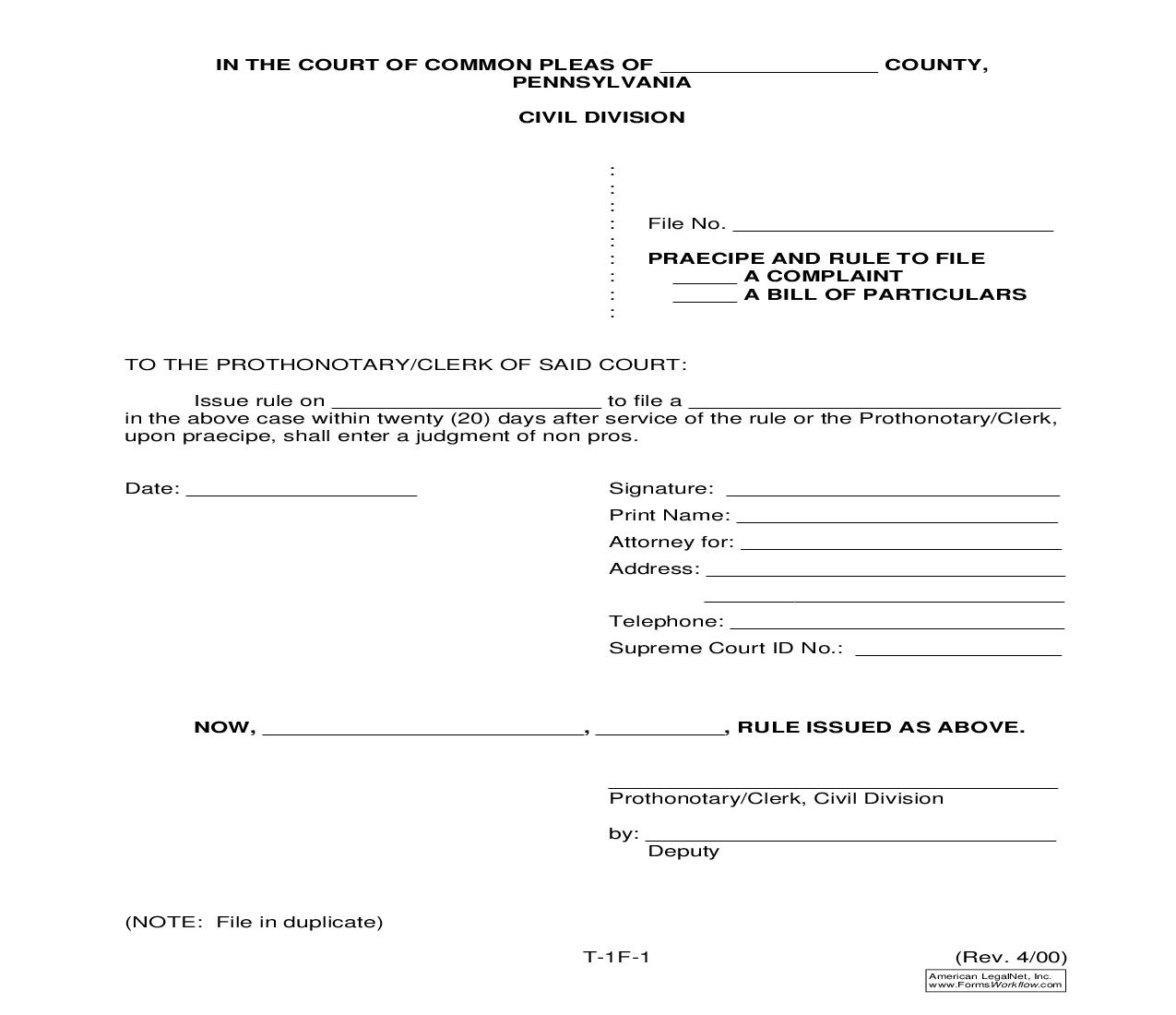 Praecipe And Rule To File Complaint Or Bill Of Particulars {T-1F-1} | Pdf Fpdf Doc Docx | Pennsylvania