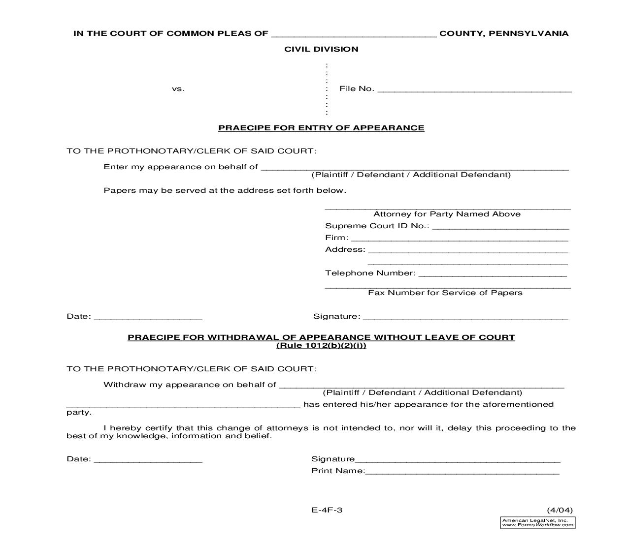 Praecipe For Entry Of Appearance {E-4F-3} | Pdf Fpdf Doc Docx | Pennsylvania
