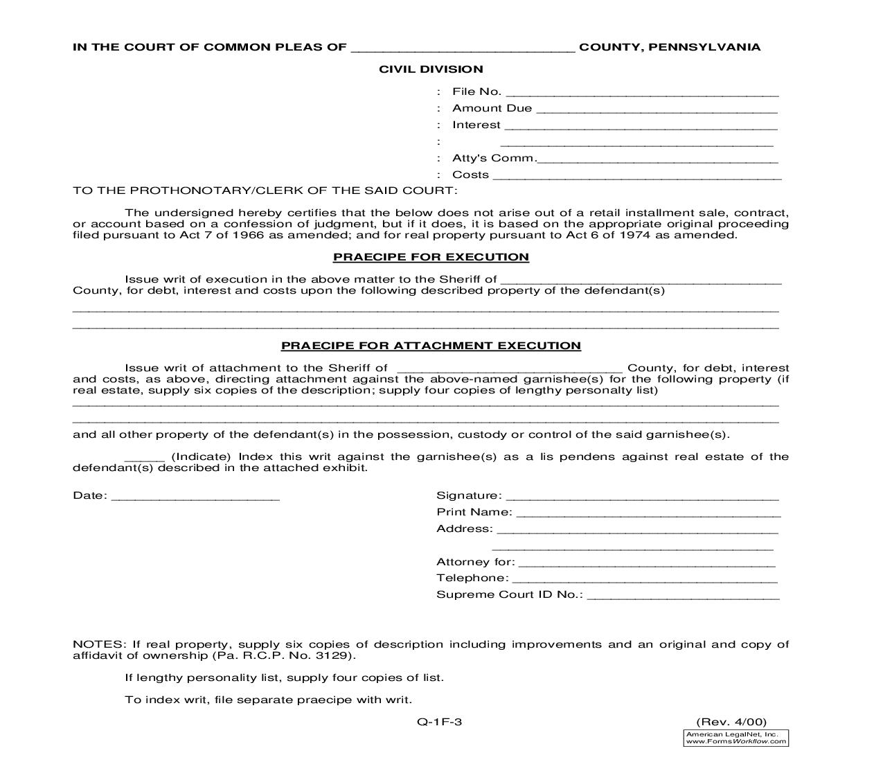Praecipe For Execution Or For Attachment Execution {Q-1F-3} | Pdf Fpdf Doc Docx | Pennsylvania