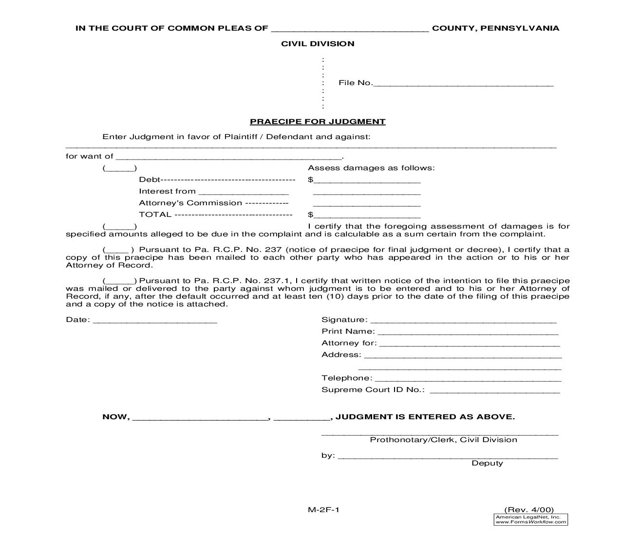 Praecipe For Judgment {M-2F-1} | Pdf Fpdf Doc Docx | Pennsylvania