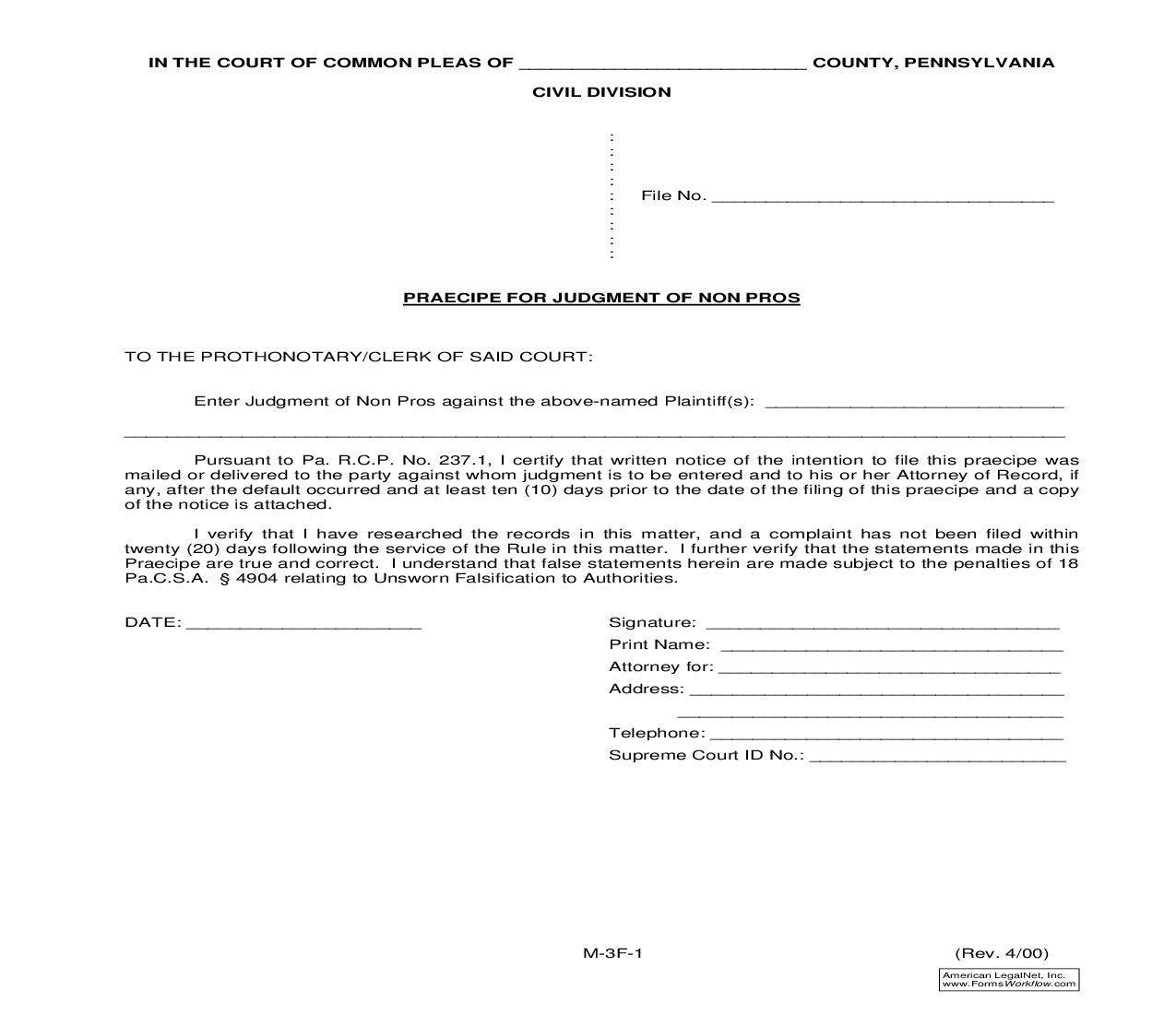 Praecipe For Judgment Of Non Pros {M-3F-1} | Pdf Fpdf Doc Docx | Pennsylvania