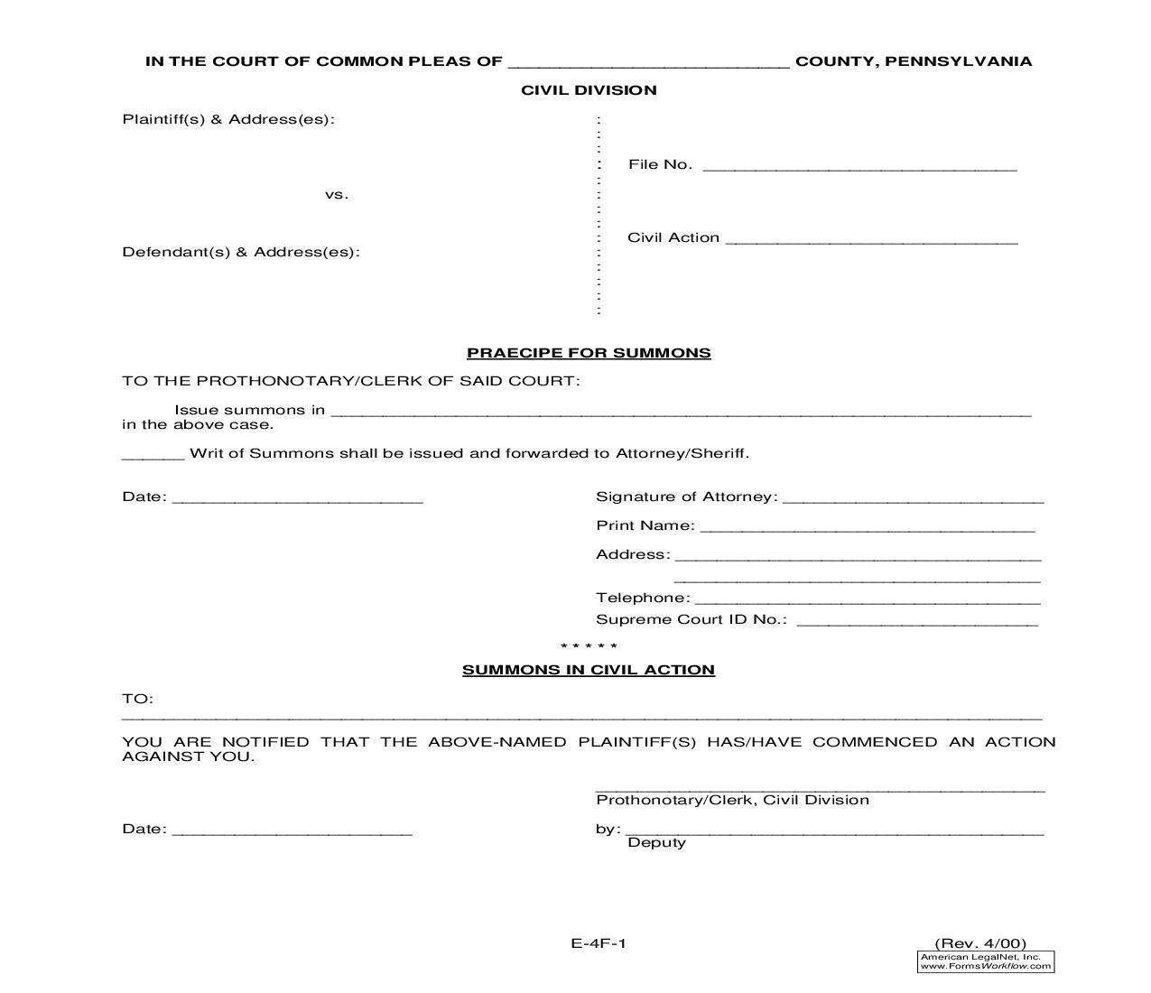 Praecipe For Summons {E-4F-1} | Pdf Fpdf Doc Docx | Pennsylvania