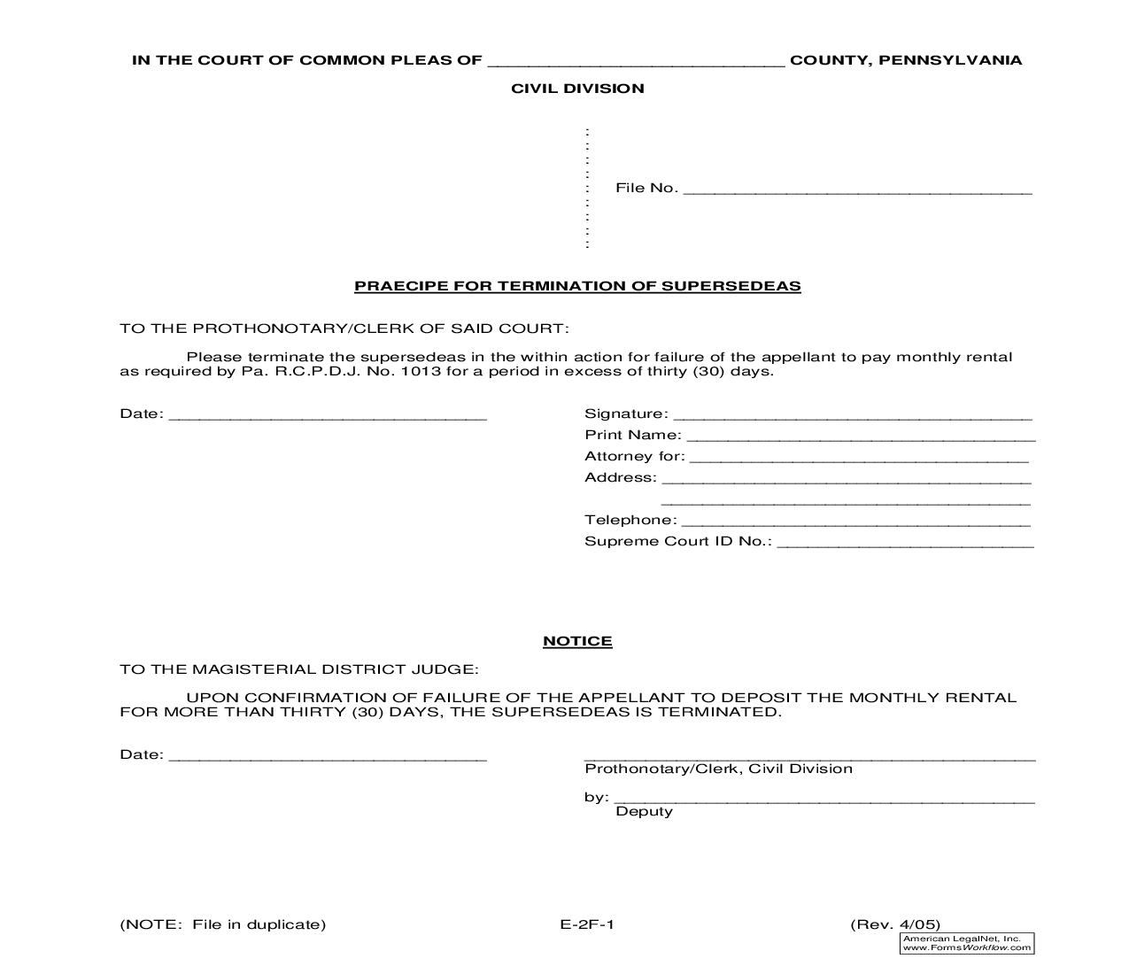Praecipe For Termination Of Supersedeas {E-2F-1} | Pdf Fpdf Doc Docx | Pennsylvania