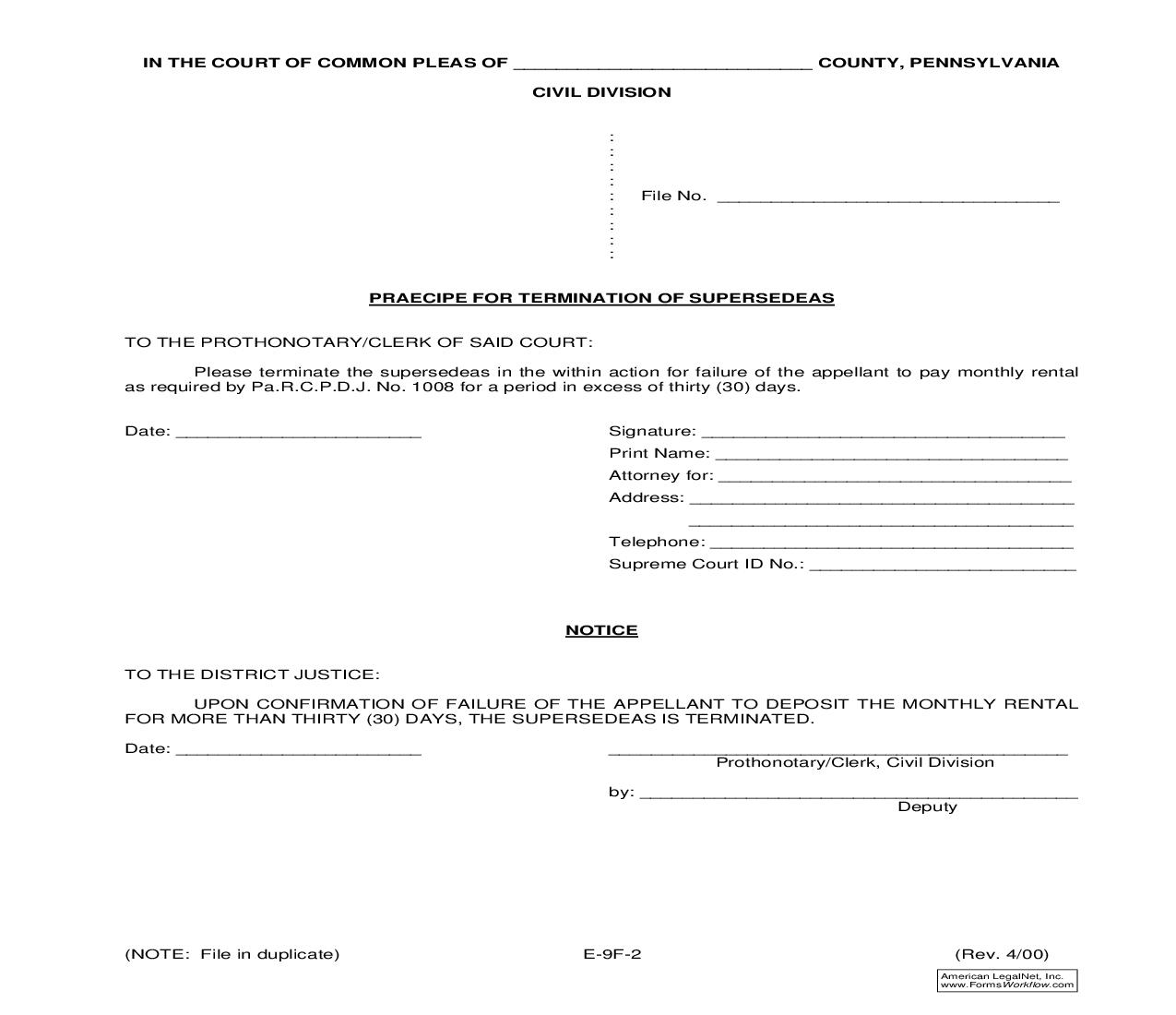 Praecipe For Termination Of Supersedeas {E-9F-2} | Pdf Fpdf Doc Docx | Pennsylvania