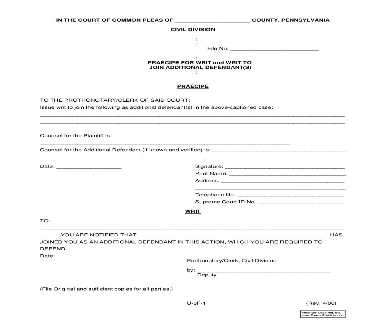 Praecipe For Writ And Writ To Join Additional Defendants {U-6F-1} | Pdf Fpdf Doc Docx | Pennsylvania