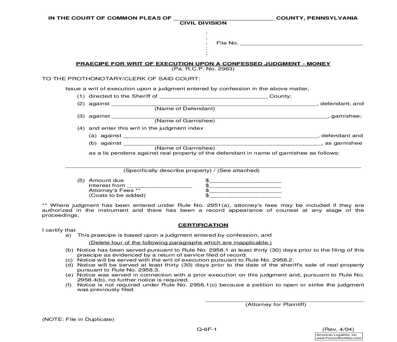 Praecipe For Writ Of Execution Upon Confessed Judgment-Money {Q-6F-1} | Pdf Fpdf Doc Docx | Pennsylvania