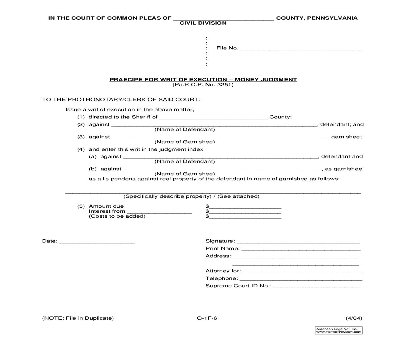 Praecipe For Writ Of Execution-Money Judgment {Q-1F-6} | Pdf Fpdf Doc Docx | Pennsylvania
