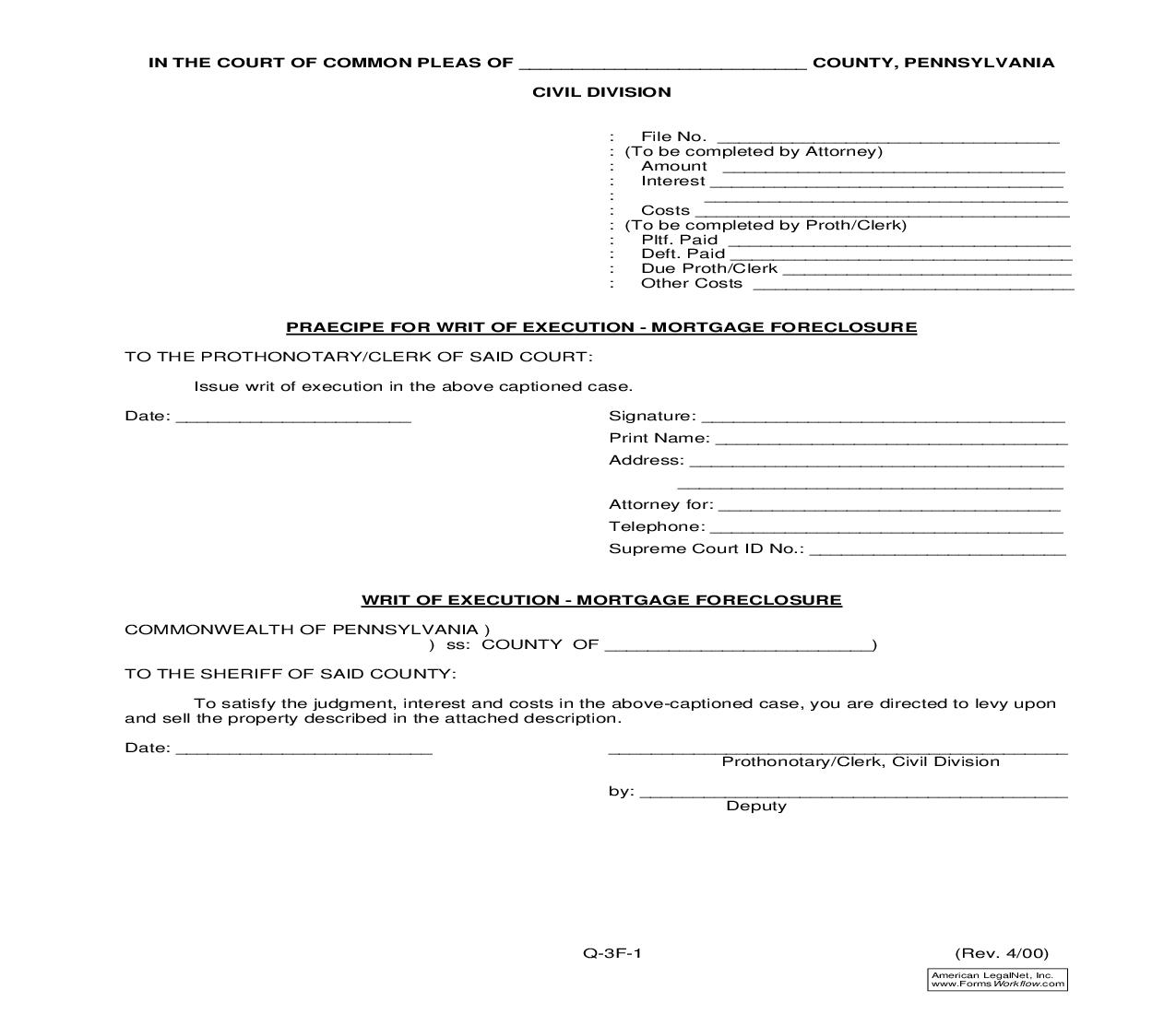 Praecipe For Writ Of Execution-Mortgage Foreclosure {Q-3F-1} | Pdf Fpdf Doc Docx | Pennsylvania
