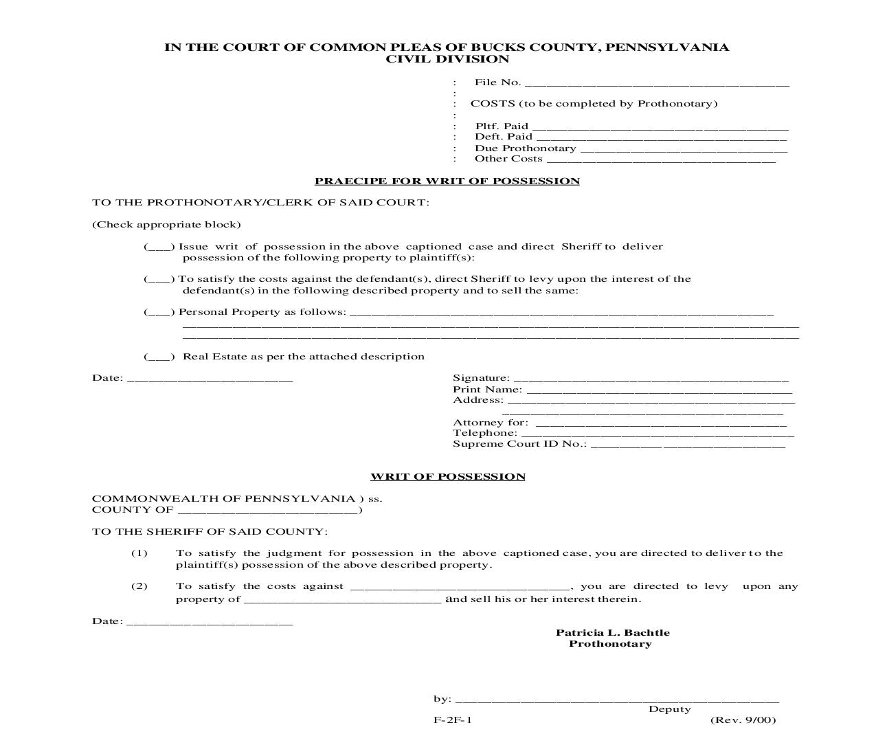 Praecipe For Writ Of Possession {F-2F-1} | Pdf Fpdf Doc Docx | Pennsylvania