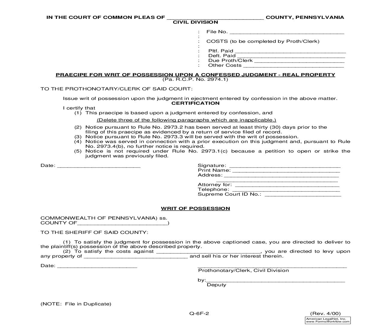 Praecipe For Writ Of Possession Upon Confessed Judgment-Real Property {Q-6F-2} | Pdf Fpdf Doc Docx | Pennsylvania
