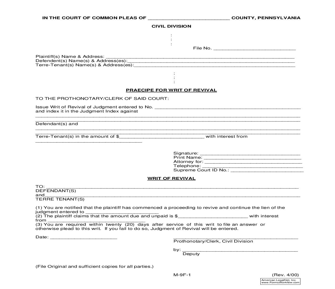 Praecipe For Writ Of Revival {M-9F-1} | Pdf Fpdf Doc Docx | Pennsylvania