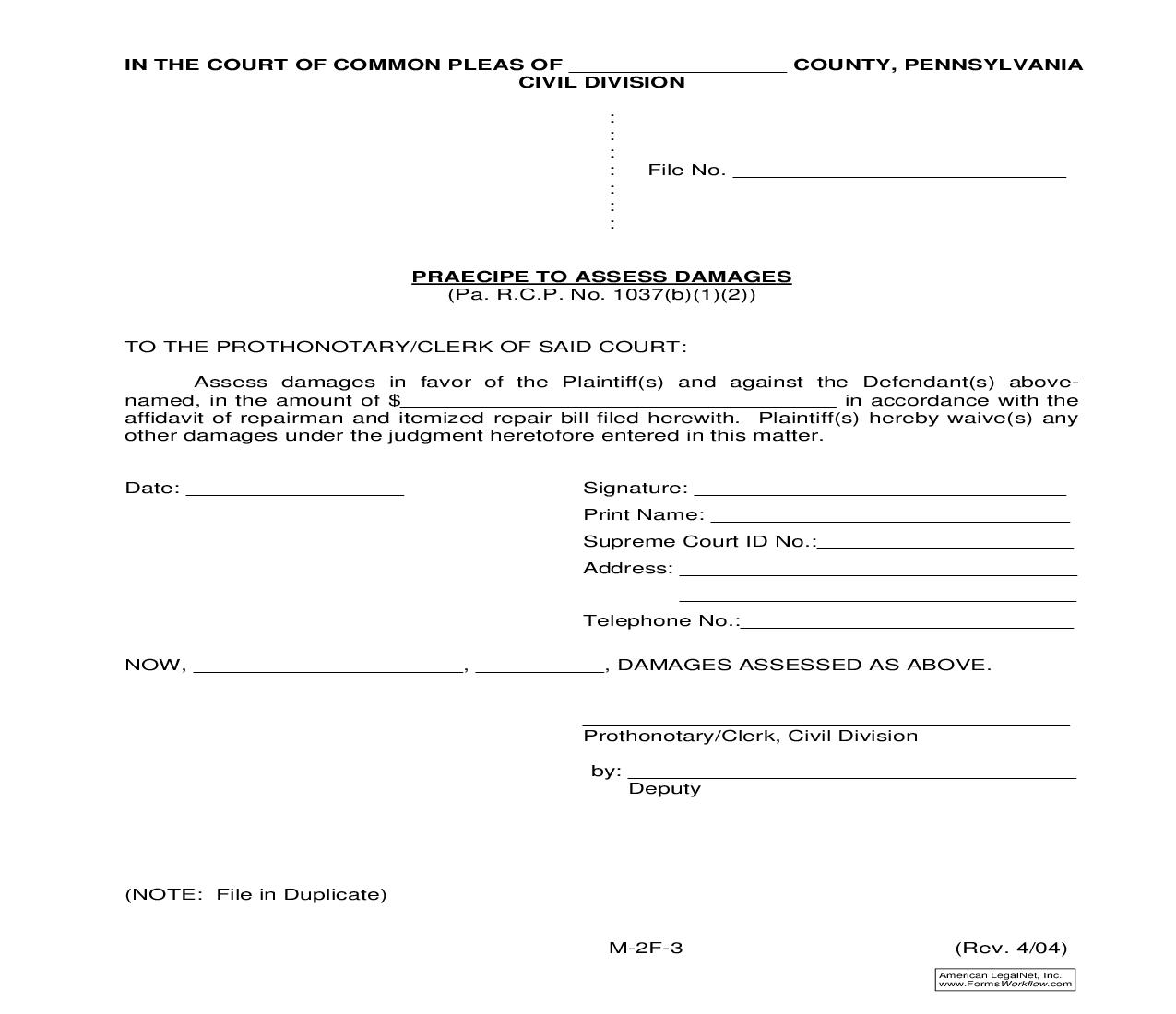 Praecipe To Assess Damages {M-2F-3} | Pdf Fpdf Doc Docx | Pennsylvania