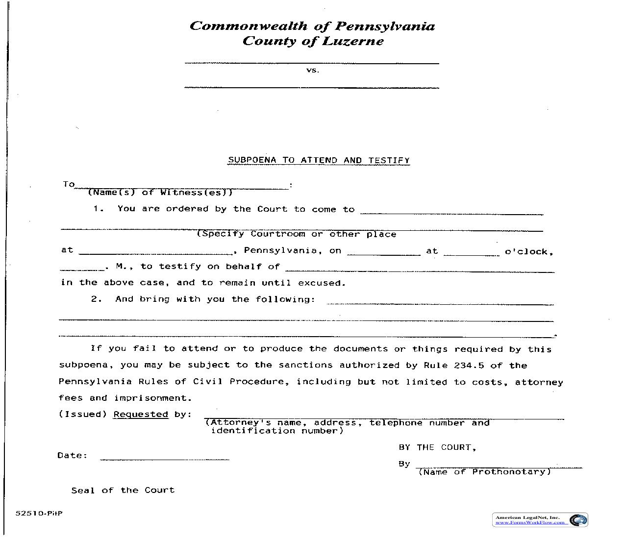 Subpoena To Attend And Testify {C-1F-1} | Pdf Fpdf Doc Docx | Pennsylvania