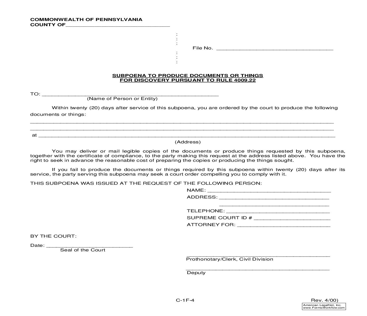 Subpoena To Produce Documents Or Things For Discovery {C-1F-4} | Pdf Fpdf Doc Docx | Pennsylvania