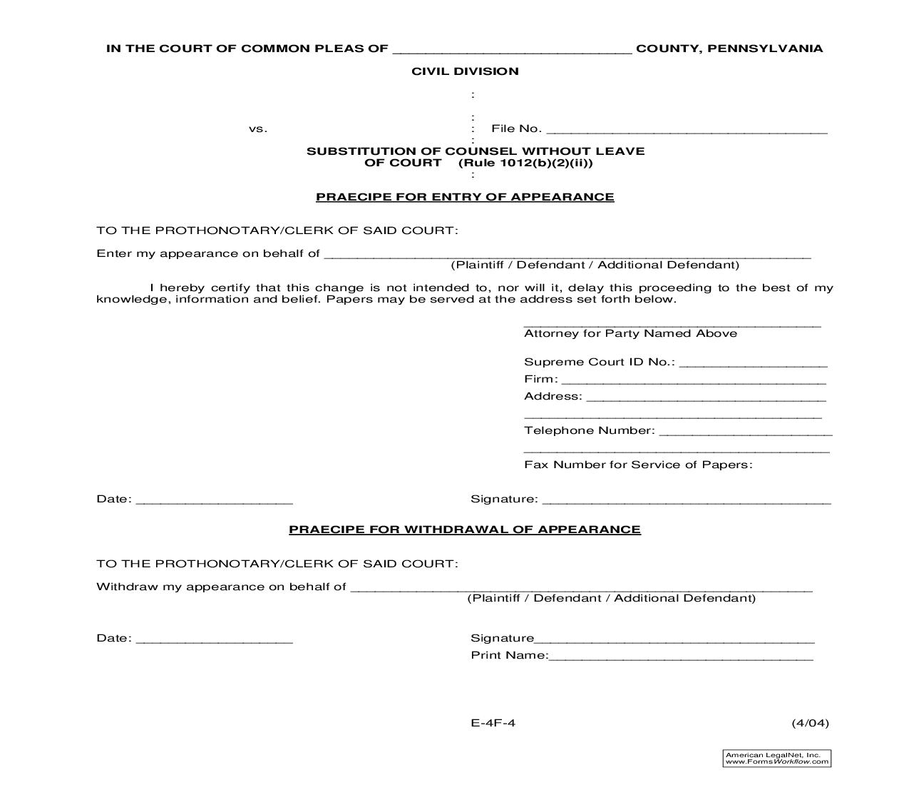Substitution Of Counsel Without Leave Of Court {E-4F-4} | Pdf Fpdf Doc Docx | Pennsylvania