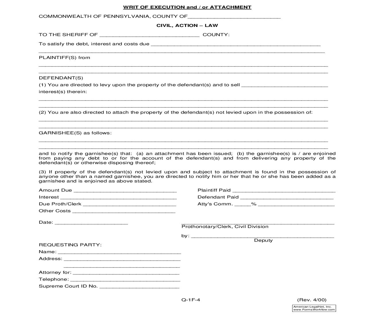 Writ Of Execution And-Or Attachment {Q-1F-4} | Pdf Fpdf Doc Docx | Pennsylvania