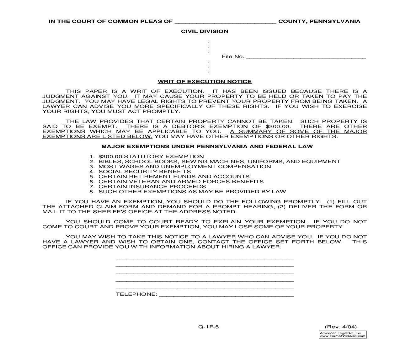 Writ Of Execution Notice {Q-1F-5} | Pdf Fpdf Doc Docx | Pennsylvania