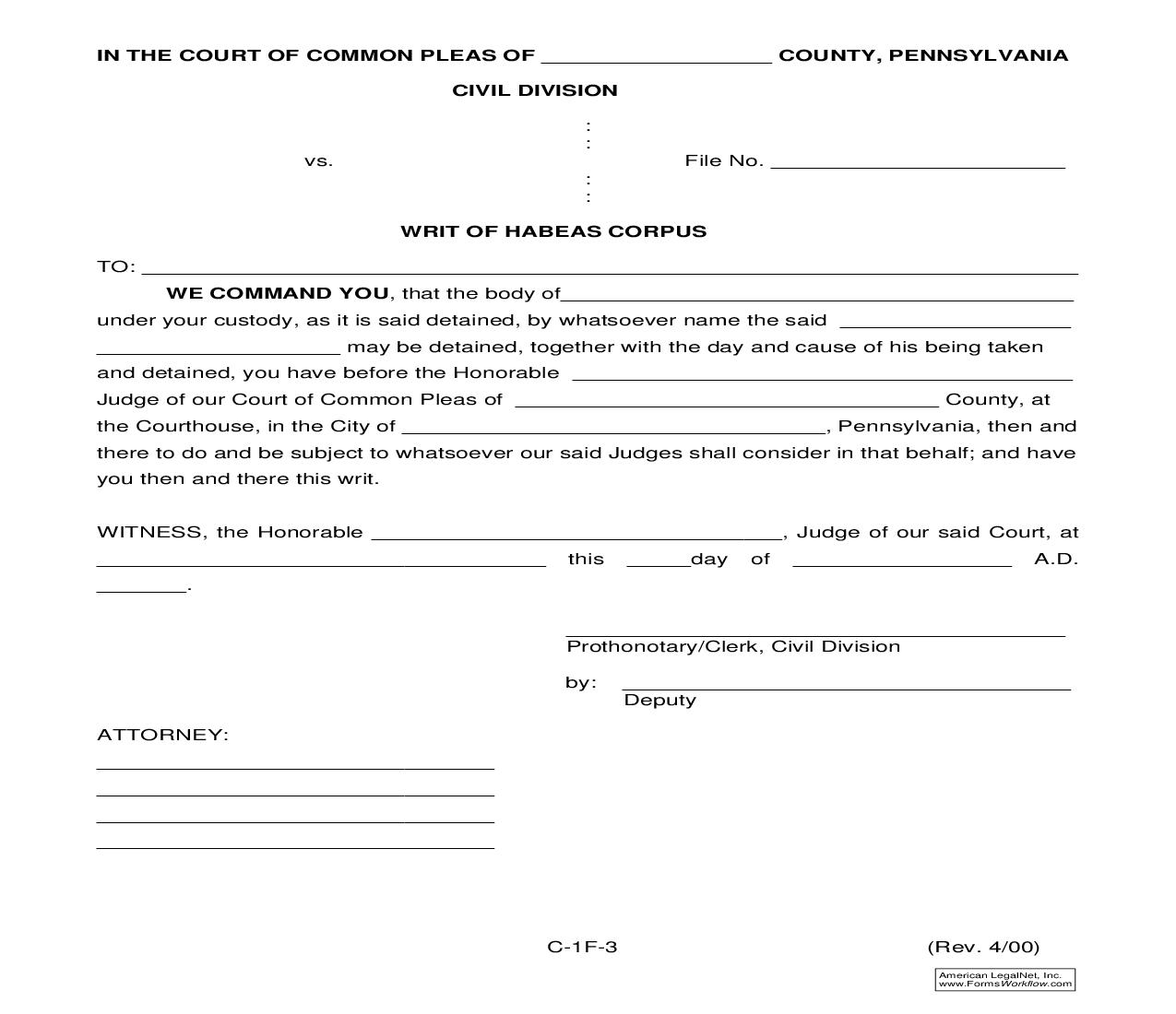Writ Of Habeas Corpus {C-1F-3} | Pdf Fpdf Doc Docx | Pennsylvania