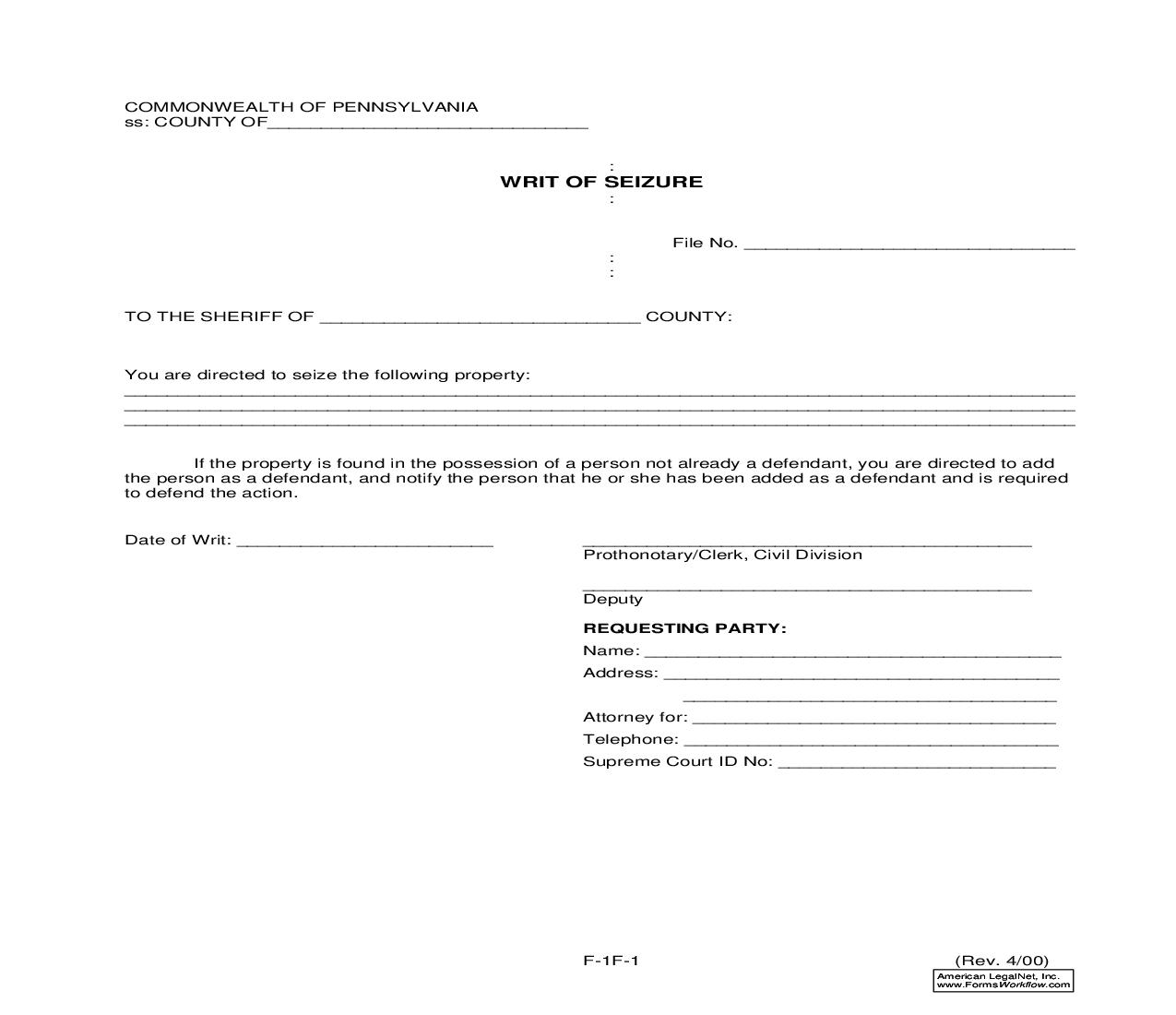 Writ Of Seizure {F-1F-1} | Pdf Fpdf Doc Docx | Pennsylvania