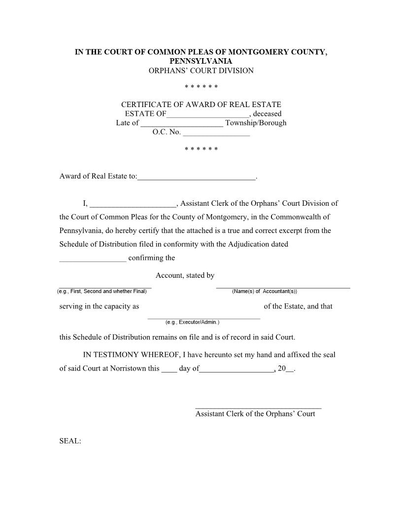 Certificate Of Award Of Real Estate | Pdf Fpdf Docx | Pennsylvania