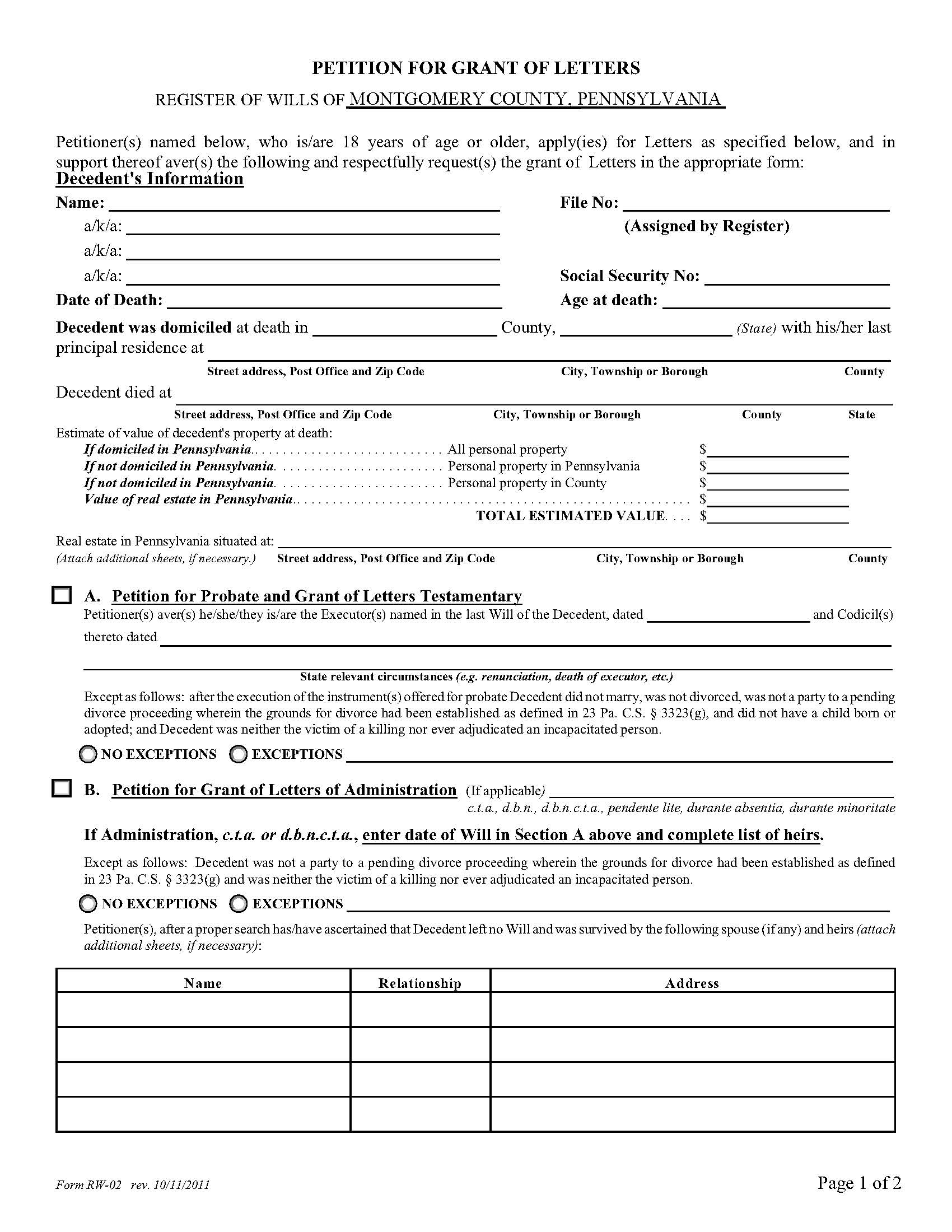 Petition For Grant Of Letters Of Administration-Oath Of Personal Representative {RW-02} | Pdf Fpdf Doc Docx | Pennsylvania
