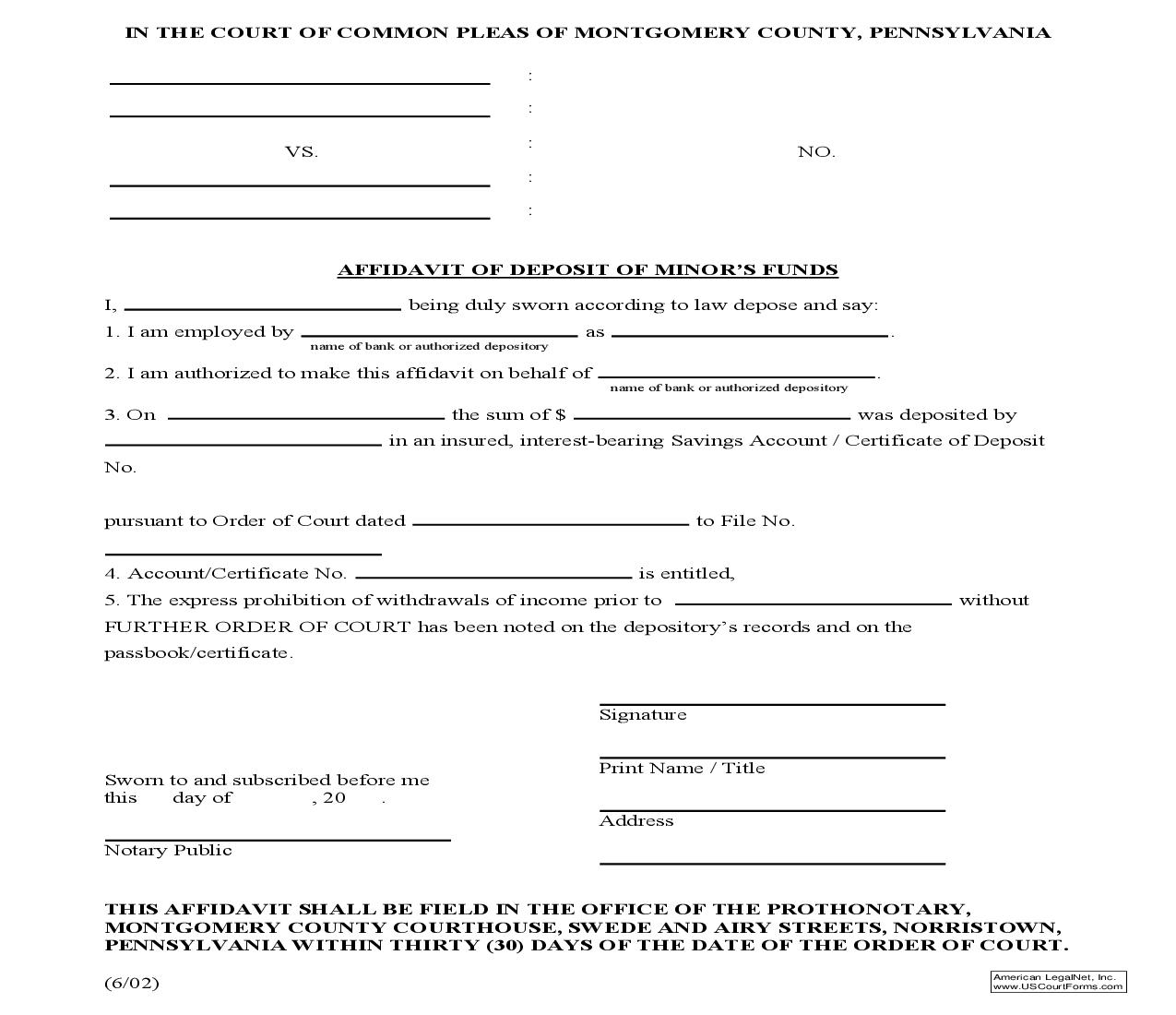Affidavit Of Deposit Of Minors Funds | Pdf Fpdf Doc Docx | Pennsylvania