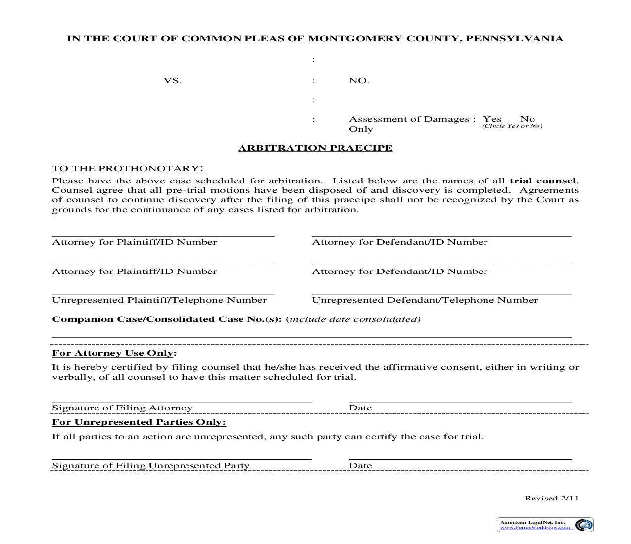 Arbitration Praecipe | Pdf Fpdf Doc Docx | Pennsylvania