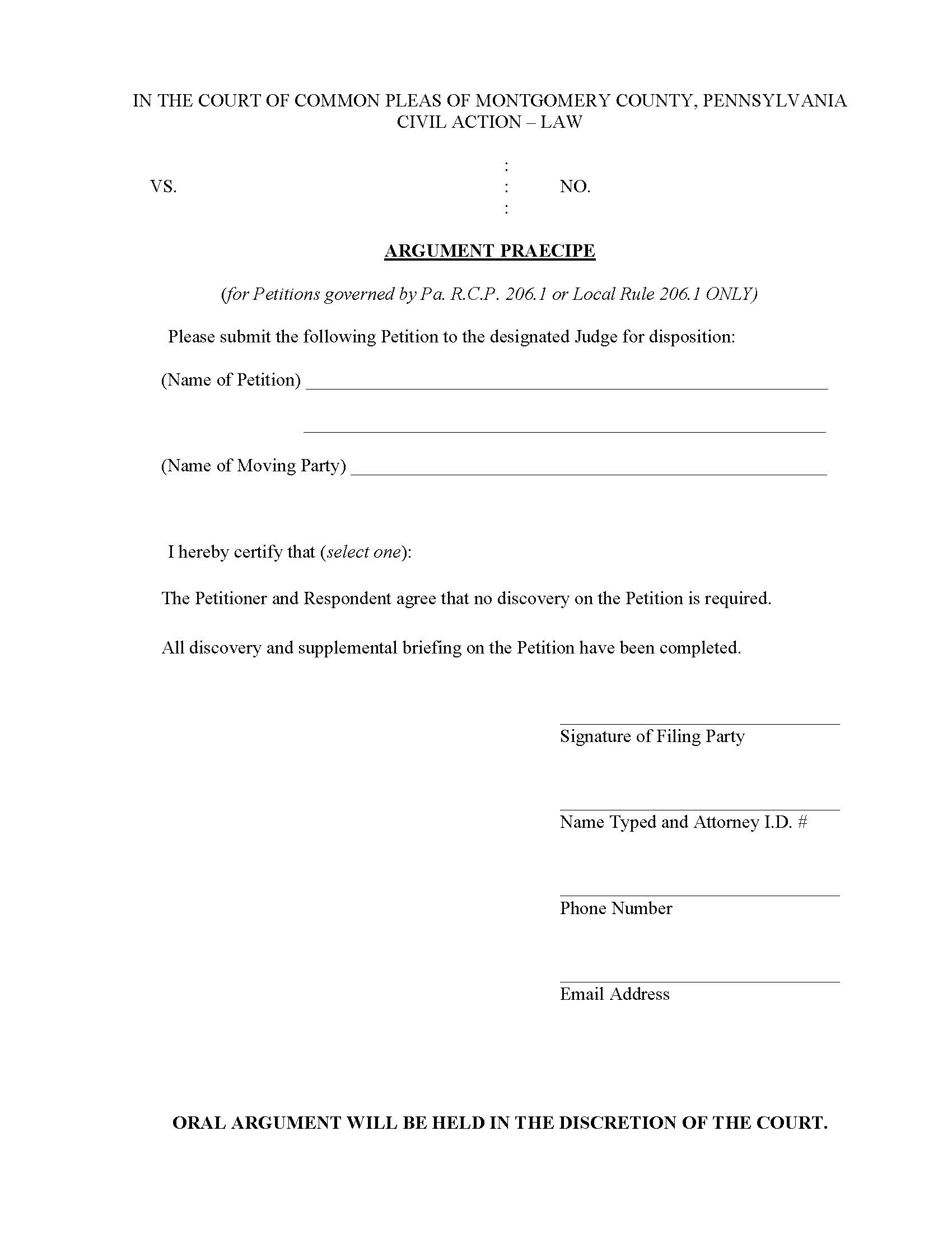 Argument Praecipe | Pdf Fpdf Doc Docx | Pennsylvania