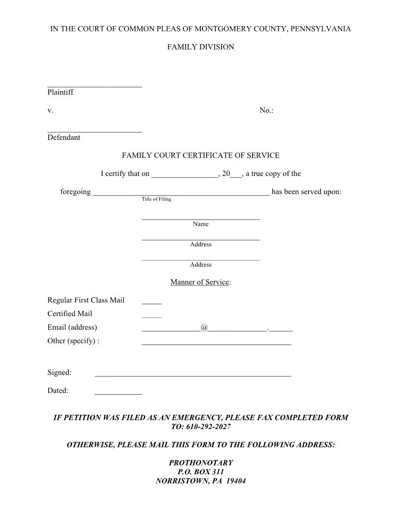Certificate Of Service (Family Court) | Pdf Fpdf Doc Docx | Pennsylvania